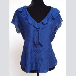 Banana Republic Royal Blue Silk/Cotton V-Neck Ruffle Covered Button Blouse Sz L